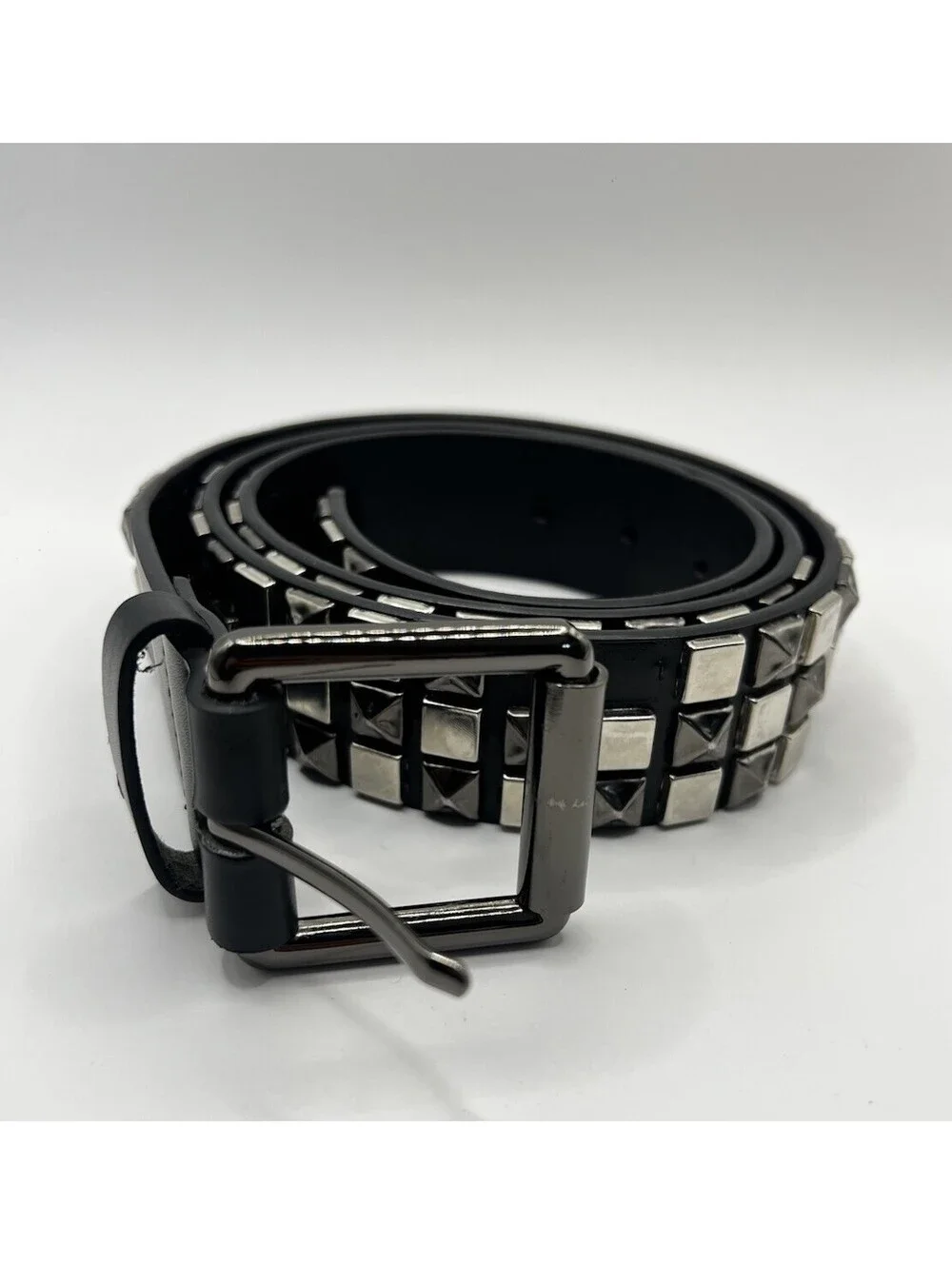 Punk Rock Black Leather Studded Belt | Gunmetal Square Pyramid Studs L/XL